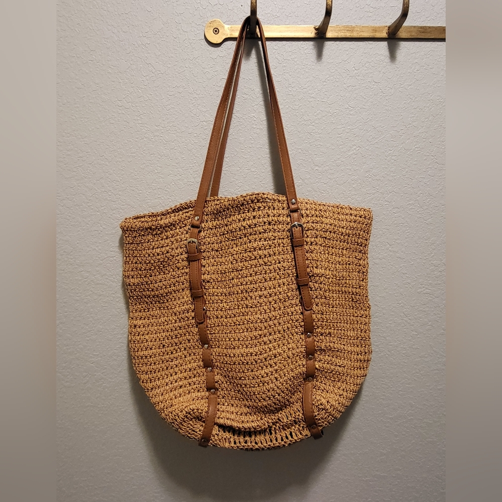 Packable Woven Straw Tote Bag with Brown Straps - Picture 2 of 9